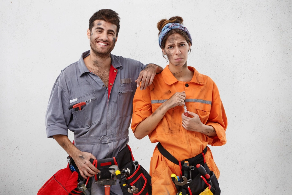 smiling-male-carpenter-tries-encourage-his-female-colleague-who-has-upset-tired-expression_273609-8779